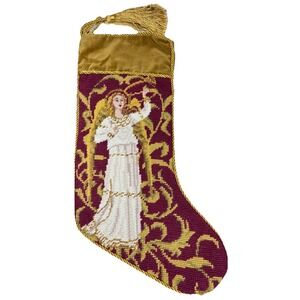 Lillian Vernon Wool Needlepoint Angel Gold Christmas Stocking Velvet With Tassel